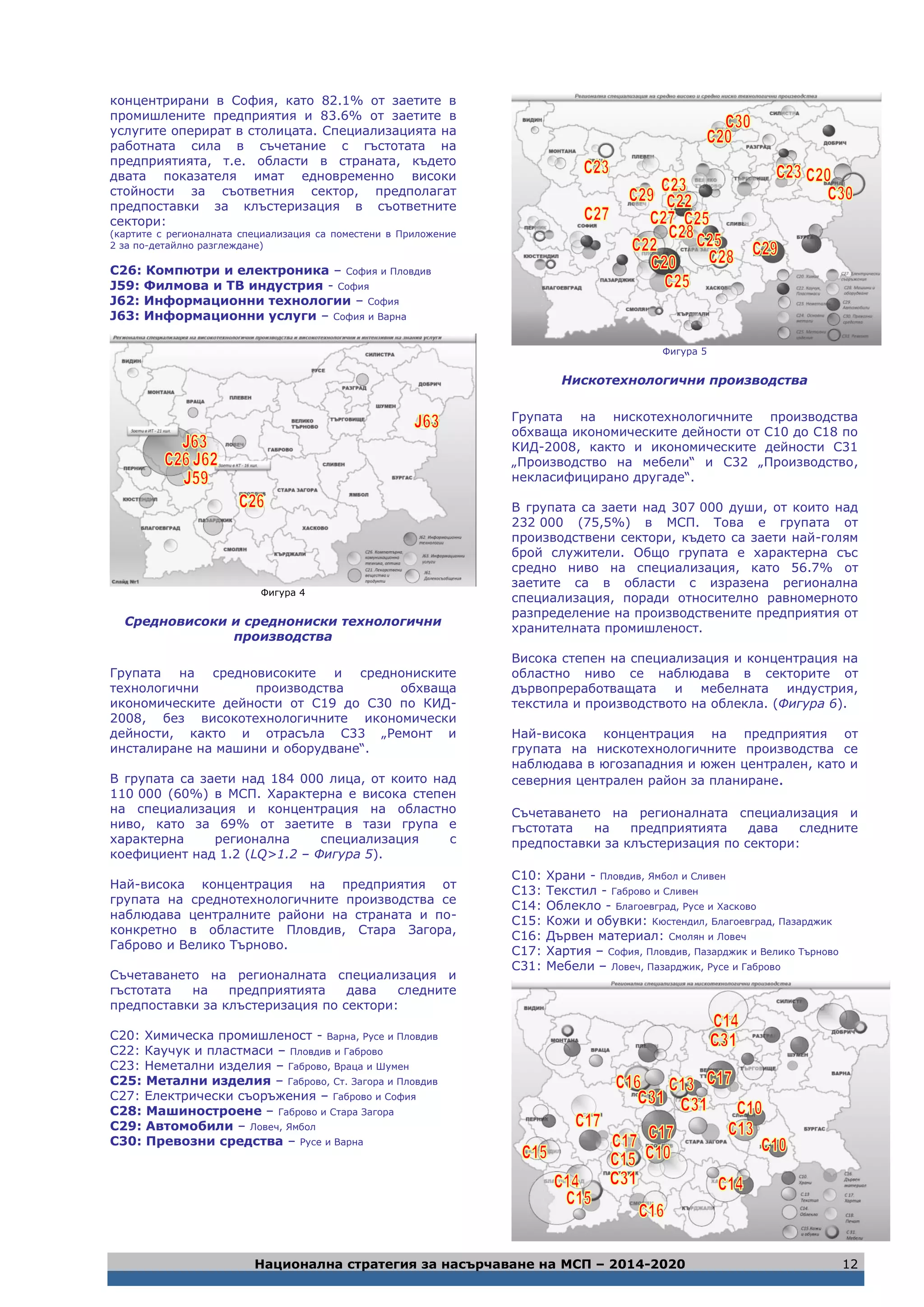 Национална стратегия за насърчаване на МСП – 2014-2020 12
концентрирани в София, като 82.1% от заетите в
промишлените предприятия и 83.6% от заетите в
услугите оперират в столицата. Специализацията на
работната сила в съчетание с гъстотата на
предприятията, т.е. области в страната, където
двата показателя имат едновременно високи
стойности за съответния сектор, предполагат
предпоставки за клъстеризация в съответните
сектори:
(картите с регионалната специализация са поместени в Приложение
2 за по-детайлно разглеждане)
С26: Компютри и електроника – София и Пловдив
J59: Филмова и ТВ индустрия - София
J62: Информационни технологии – София
J63: Информационни услуги – София и Варна
Фигура 4
Средновисоки и среднониски технологични
производства
Групата на средновисоките и среднониските
технологични производства обхваща
икономическите дейности от С19 до С30 по КИД-
2008, без високотехнологичните икономически
дейности, както и отрасъла С33 „Ремонт и
инсталиране на машини и оборудване“.
В групата са заети над 184 000 лица, от които над
110 000 (60%) в МСП. Характерна е висока степен
на специализация и концентрация на областно
ниво, като за 69% от заетите в тази група е
характерна регионална специализация с
коефициент над 1.2 (LQ>1.2 – Фигура 5).
Най-висока концентрация на предприятия от
групата на среднотехнологичните производства се
наблюдава централните райони на страната и по-
конкретно в областите Пловдив, Стара Загора,
Габрово и Велико Търново.
Съчетаването на регионалната специализация и
гъстотата на предприятията дава следните
предпоставки за клъстеризация по сектори:
C20: Химическа промишленост - Варна, Русе и Пловдив
C22: Каучук и пластмаси – Пловдив и Габрово
C23: Неметални изделия – Габрово, Враца и Шумен
C25: Метални изделия – Габрово, Ст. Загора и Пловдив
С27: Електрически съоръжения – Габрово и София
C28: Машиностроене – Габрово и Стара Загора
C29: Автомобили – Ловеч, Ямбол
C30: Превозни средства – Русе и Варна
Фигура 5
Нискотехнологични производства
Групата на нискотехнологичните производства
обхваща икономическите дейности от С10 до С18 по
КИД-2008, както и икономическите дейности С31
„Производство на мебели“ и С32 „Производство,
некласифицирано другаде“.
В групата са заети над 307 000 души, от които над
232 000 (75,5%) в МСП. Това е групата от
производствени сектори, където са заети най-голям
брой служители. Общо групата е характерна със
средно ниво на специализация, като 56.7% от
заетите са в области с изразена регионална
специализация, поради относително равномерното
разпределение на производствените предприятия от
хранителната промишленост.
Висока степен на специализация и концентрация на
областно ниво се наблюдава в секторите от
дървопреработващата и мебелната индустрия,
текстила и производството на облекла. (Фигура 6).
Най-висока концентрация на предприятия от
групата на нискотехнологичните производства се
наблюдава в югозападния и южен централен, като и
северния централен район за планиране.
Съчетаването на регионалната специализация и
гъстотата на предприятията дава следните
предпоставки за клъстеризация по сектори:
C10: Храни - Пловдив, Ямбол и Сливен
C13: Текстил - Габрово и Сливен
C14: Облекло - Благоевград, Русе и Хасково
C15: Кожи и обувки: Кюстендил, Благоевград, Пазарджик
C16: Дървен материал: Смолян и Ловеч
C17: Хартия – София, Пловдив, Пазарджик и Велико Търново
C31: Мебели – Ловеч, Пазарджик, Русе и Габрово
 