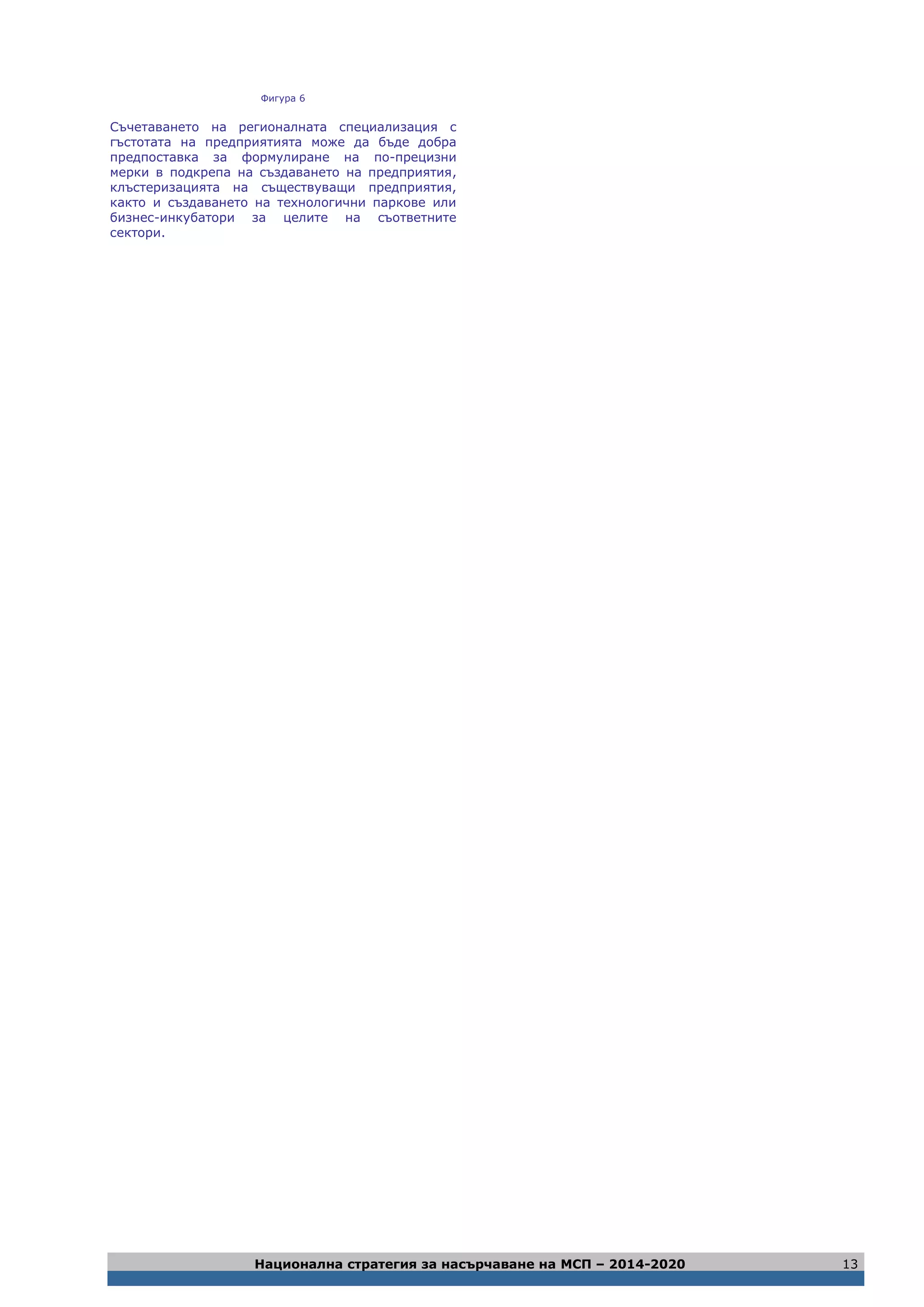 Национална стратегия за насърчаване на МСП – 2014-2020 13
Фигура 6
Съчетаването на регионалната специализация с
гъстотата на предприятията може да бъде добра
предпоставка за формулиране на по-прецизни
мерки в подкрепа на създаването на предприятия,
клъстеризацията на съществуващи предприятия,
както и създаването на технологични паркове или
бизнес-инкубатори за целите на съответните
сектори.
 