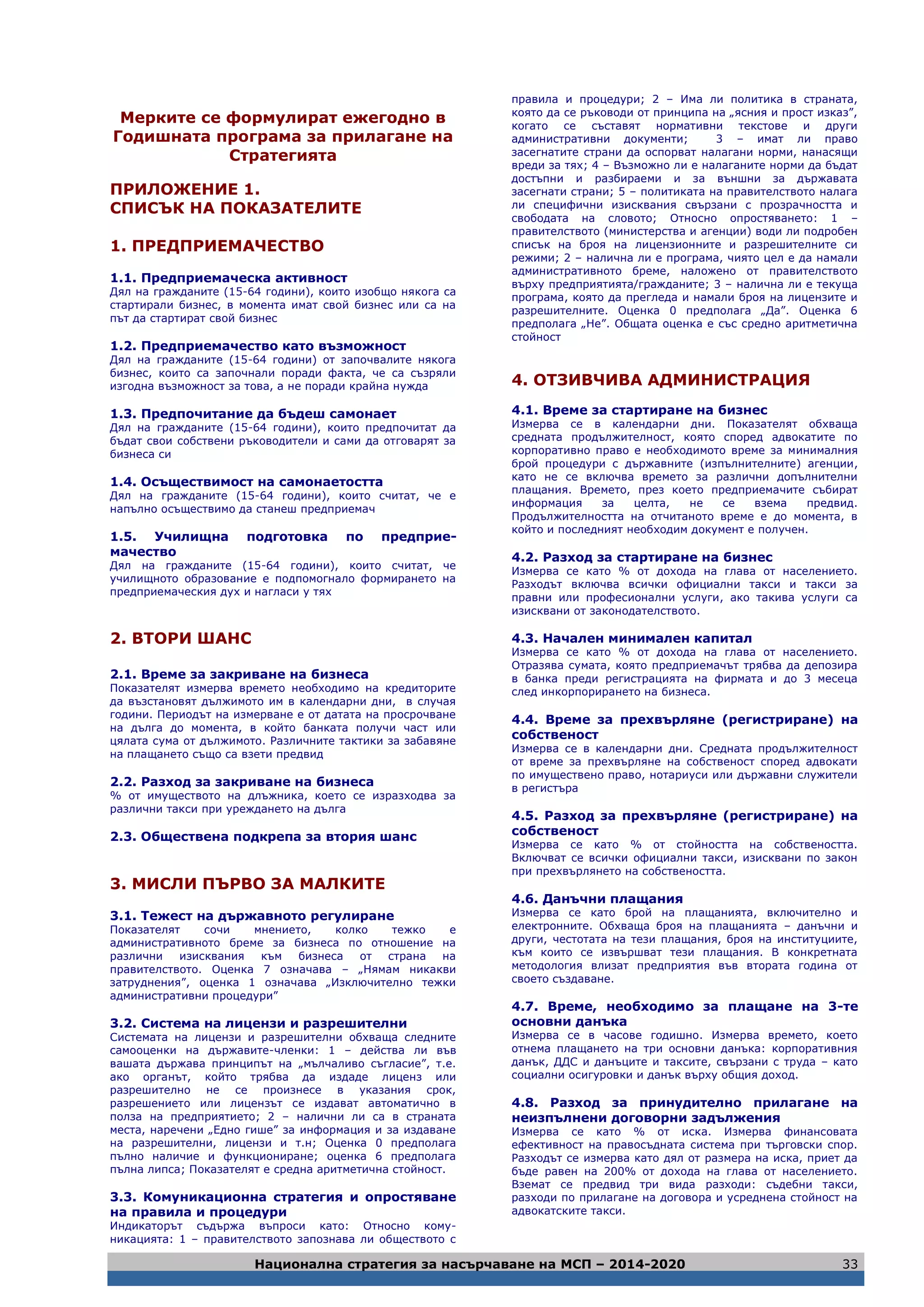 Национална стратегия за насърчаване на МСП – 2014-2020 33
Мерките се формулират ежегодно в
Годишната програма за прилагане на
Стратегията
ПРИЛОЖЕНИЕ 1.
СПИСЪК НА ПОКАЗАТЕЛИТЕ
1. ПРЕДПРИЕМАЧЕСТВО
1.1. Предприемаческа активност
Дял на гражданите (15-64 години), които изобщо някога са
стартирали бизнес, в момента имат свой бизнес или са на
път да стартират свой бизнес
1.2. Предприемачество като възможност
Дял на гражданите (15-64 години) от започвалите някога
бизнес, които са започнали поради факта, че са съзряли
изгодна възможност за това, а не поради крайна нужда
1.3. Предпочитание да бъдеш самонает
Дял на гражданите (15-64 години), които предпочитат да
бъдат свои собствени ръководители и сами да отговарят за
бизнеса си
1.4. Осъществимост на самонаетостта
Дял на гражданите (15-64 години), които считат, че е
напълно осъществимо да станеш предприемач
1.5. Училищна подготовка по предприе-
мачество
Дял на гражданите (15-64 години), които считат, че
училищното образование е подпомогнало формирането на
предприемаческия дух и нагласи у тях
2. ВТОРИ ШАНС
2.1. Време за закриване на бизнеса
Показателят измерва времето необходимо на кредиторите
да възстановят дължимото им в календарни дни, в случая
години. Периодът на измерване е от датата на просрочване
на дълга до момента, в който банката получи част или
цялата сума от дължимото. Различните тактики за забавяне
на плащането също са взети предвид
2.2. Разход за закриване на бизнеса
% от имуществото на длъжника, което се изразходва за
различни такси при уреждането на дълга
2.3. Обществена подкрепа за втория шанс
3. МИСЛИ ПЪРВО ЗА МАЛКИТЕ
3.1. Тежест на държавното регулиране
Показателят сочи мнението, колко тежко е
административното бреме за бизнеса по отношение на
различни изисквания към бизнеса от страна на
правителството. Оценка 7 означава – „Нямам никакви
затруднения”, оценка 1 означава „Изключително тежки
административни процедури”
3.2. Система на лицензи и разрешителни
Системата на лицензи и разрешителни обхваща следните
самооценки на държавите-членки: 1 – действа ли във
вашата държава принципът на „мълчаливо съгласие”, т.е.
ако органът, който трябва да издаде лиценз или
разрешително не се произнесе в указания срок,
разрешението или лицензът се издават автоматично в
полза на предприятието; 2 – налични ли са в страната
места, наречени „Едно гише” за информация и за издаване
на разрешителни, лицензи и т.н; Оценка 0 предполага
пълно наличие и функциониране; оценка 6 предполага
пълна липса; Показателят е средна аритметична стойност.
3.3. Комуникационна стратегия и опростяване
на правила и процедури
Индикаторът съдържа въпроси като: Относно кому-
никацията: 1 – правителството запознава ли обществото с
правила и процедури; 2 – Има ли политика в страната,
която да се ръководи от принципа на „ясния и прост изказ”,
когато се съставят нормативни текстове и други
административни документи; 3 – имат ли право
засегнатите страни да оспорват налагани норми, нанасящи
вреди за тях; 4 – Възможно ли е налаганите норми да бъдат
достъпни и разбираеми и за външни за държавата
засегнати страни; 5 – политиката на правителството налага
ли специфични изисквания свързани с прозрачността и
свободата на словото; Относно опростяването: 1 –
правителството (министерства и агенции) води ли подробен
списък на броя на лицензионните и разрешителните си
режими; 2 – налична ли е програма, чиято цел е да намали
административното бреме, наложено от правителството
върху предприятията/гражданите; 3 – налична ли е текуща
програма, която да прегледа и намали броя на лицензите и
разрешителните. Оценка 0 предполага „Да”. Оценка 6
предполага „Не”. Общата оценка е със средно аритметична
стойност
4. ОТЗИВЧИВА АДМИНИСТРАЦИЯ
4.1. Време за стартиране на бизнес
Измерва се в календарни дни. Показателят обхваща
средната продължителност, която според адвокатите по
корпоративно право е необходимото време за минималния
брой процедури с държавните (изпълнителните) агенции,
като не се включва времето за различни допълнителни
плащания. Времето, през което предприемачите събират
информация за целта, не се взема предвид.
Продължителността на отчитаното време е до момента, в
който и последният необходим документ е получен.
4.2. Разход за стартиране на бизнес
Измерва се като % от дохода на глава от населението.
Разходът включва всички официални такси и такси за
правни или професионални услуги, ако такива услуги са
изисквани от законодателството.
4.3. Начален минимален капитал
Измерва се като % от дохода на глава от населението.
Отразява сумата, която предприемачът трябва да депозира
в банка преди регистрацията на фирмата и до 3 месеца
след инкорпорирането на бизнеса.
4.4. Време за прехвърляне (регистриране) на
собственост
Измерва се в календарни дни. Средната продължителност
от време за прехвърляне на собственост според адвокати
по имуществено право, нотариуси или държавни служители
в регистъра
4.5. Разход за прехвърляне (регистриране) на
собственост
Измерва се като % от стойността на собствеността.
Включват се всички официални такси, изисквани по закон
при прехвърлянето на собствеността.
4.6. Данъчни плащания
Измерва се като брой на плащанията, включително и
електронните. Обхваща броя на плащанията – данъчни и
други, честотата на тези плащания, броя на институциите,
към които се извършват тези плащания. В конкретната
методология влизат предприятия във втората година от
своето създаване.
4.7. Време, необходимо за плащане на 3-те
основни данъка
Измерва се в часове годишно. Измерва времето, което
отнема плащането на три основни данъка: корпоративния
данък, ДДС и данъците и таксите, свързани с труда – като
социални осигуровки и данък върху общия доход.
4.8. Разход за принудително прилагане на
неизпълнени договорни задължения
Измерва се като % от иска. Измерва финансовата
ефективност на правосъдната система при търговски спор.
Разходът се измерва като дял от размера на иска, приет да
бъде равен на 200% от дохода на глава от населението.
Вземат се предвид три вида разходи: съдебни такси,
разходи по прилагане на договора и усреднена стойност на
адвокатските такси.
 