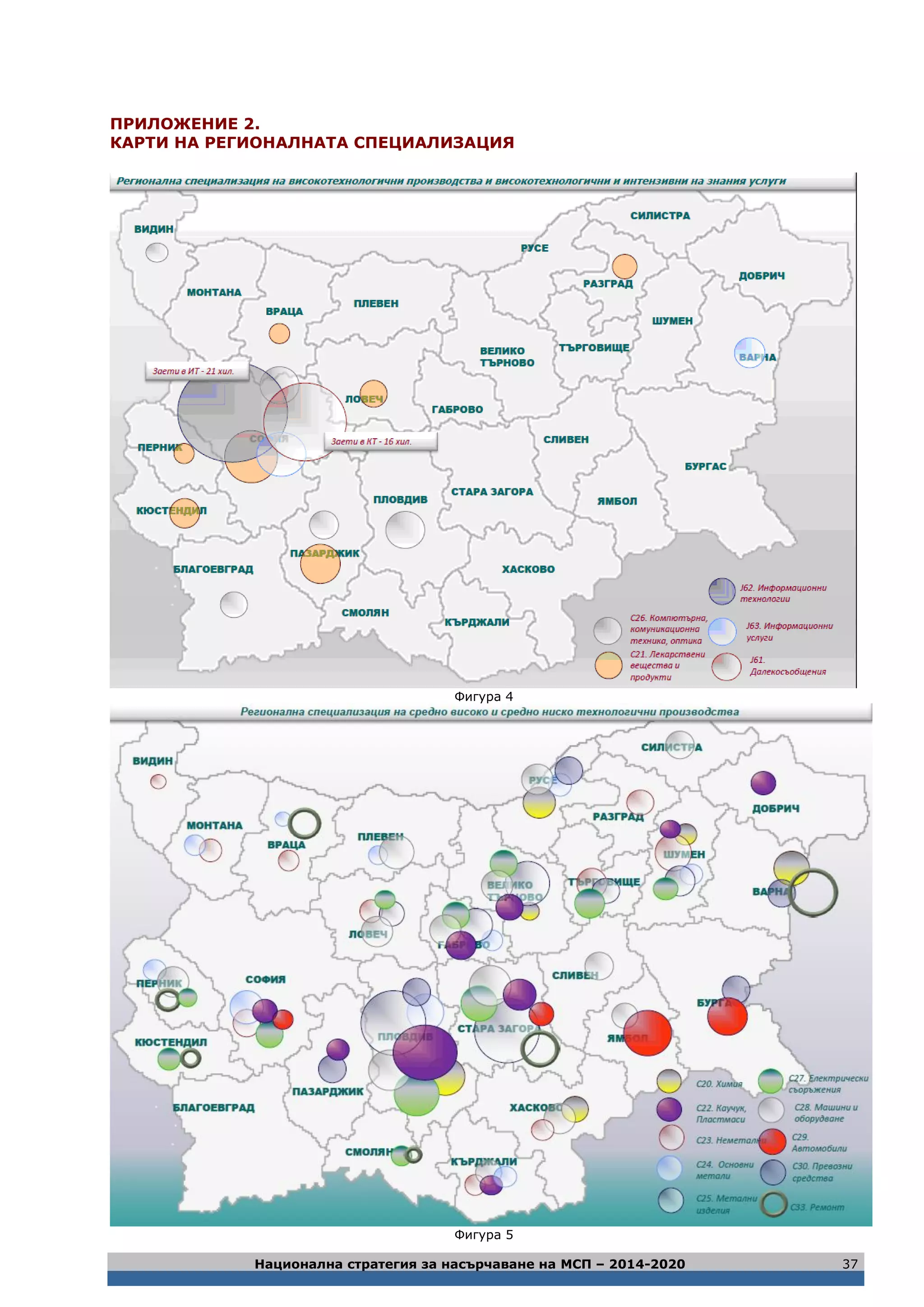 Национална стратегия за насърчаване на МСП – 2014-2020 37
ПРИЛОЖЕНИЕ 2.
КАРТИ НА РЕГИОНАЛНАТА СПЕЦИАЛИЗАЦИЯ
Фигура 4
Фигура 5
 