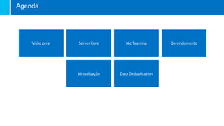 Agenda
Visão geral Server Core Nic Teaming Gerenciamento
Virtualização Data Deduplication
 