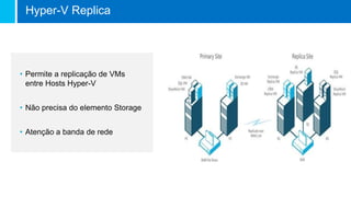 • Permite a replicação de VMs
entre Hosts Hyper-V
• Não precisa do elemento Storage
• Atenção a banda de rede
Hyper-V Replica
 