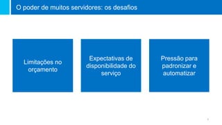 5
O poder de muitos servidores: os desafios
Limitações no
orçamento
Expectativas de
disponibilidade do
serviço
Pressão para
padronizar e
automatizar
 