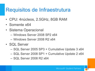 Requisitos de Infraestrutura
• CPU: 4núcleos, 2.5GHz, 8GB RAM
• Somente x64
• Sistema Operacional
  – Windows Server 2008 SP2 x64
  – Windows Server 2008 R2 x64
• SQL Server
  – SQL Server 2005 SP3 + Cumulative Update 3 x64
  – SQL Server 2008 SP1 + Cumulative Update 2 x64
  – SQL Server 2008 R2 x64
 