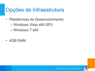 Opções de Infraestrutura
• Plataformas de Desenvolvimento
  – Windows Vista x64 SP2
  – Windows 7 x64

• 4GB RAM
 