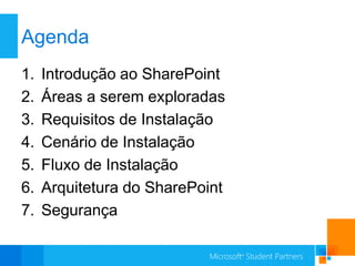 Agenda
1.   Introdução ao SharePoint
2.   Áreas a serem exploradas
3.   Requisitos de Instalação
4.   Cenário de Instalação
5.   Fluxo de Instalação
6.   Arquitetura do SharePoint
7.   Segurança
 