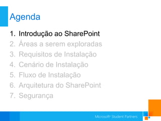 Agenda
1.   Introdução ao SharePoint
2.   Áreas a serem exploradas
3.   Requisitos de Instalação
4.   Cenário de Instalação
5.   Fluxo de Instalação
6.   Arquitetura do SharePoint
7.   Segurança
 