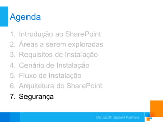 Agenda
1.   Introdução ao SharePoint
2.   Áreas a serem exploradas
3.   Requisitos de Instalação
4.   Cenário de Instalação
5.   Fluxo de Instalação
6.   Arquitetura do SharePoint
7.   Segurança
 