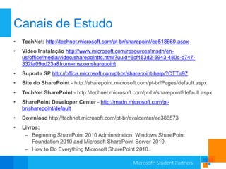 Canais de Estudo
•   TechNet: http://technet.microsoft.com/pt-br/sharepoint/ee518660.aspx
•   Vídeo Instalação http://www.microsoft.com/resources/msdn/en-
    us/office/media/video/sharepointtc.html?uuid=6cf453d2-5943-480c-b747-
    332fa09ed23a&from=mscomsharepoint
•   Suporte SP http://office.microsoft.com/pt-br/sharepoint-help/?CTT=97
•   Site do SharePoint - http://sharepoint.microsoft.com/pt-br/Pages/default.aspx
•   TechNet SharePoint - http://technet.microsoft.com/pt-br/sharepoint/default.aspx
•   SharePoint Developer Center - http://msdn.microsoft.com/pt-
    br/sharepoint/default
•   Download http://technet.microsoft.com/pt-br/evalcenter/ee388573
•   Livros:
     – Beginning SharePoint 2010 Administration: Windows SharePoint
        Foundation 2010 and Microsoft SharePoint Server 2010.
     – How to Do Everything Microsoft SharePoint 2010.
 