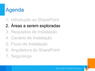 Agenda
1.   Introdução ao SharePoint
2.   Áreas a serem exploradas
3.   Requisitos de Instalação
4.   Cenário de Instalação
5.   Fluxo de Instalação
6.   Arquitetura do SharePoint
7.   Segurança
 