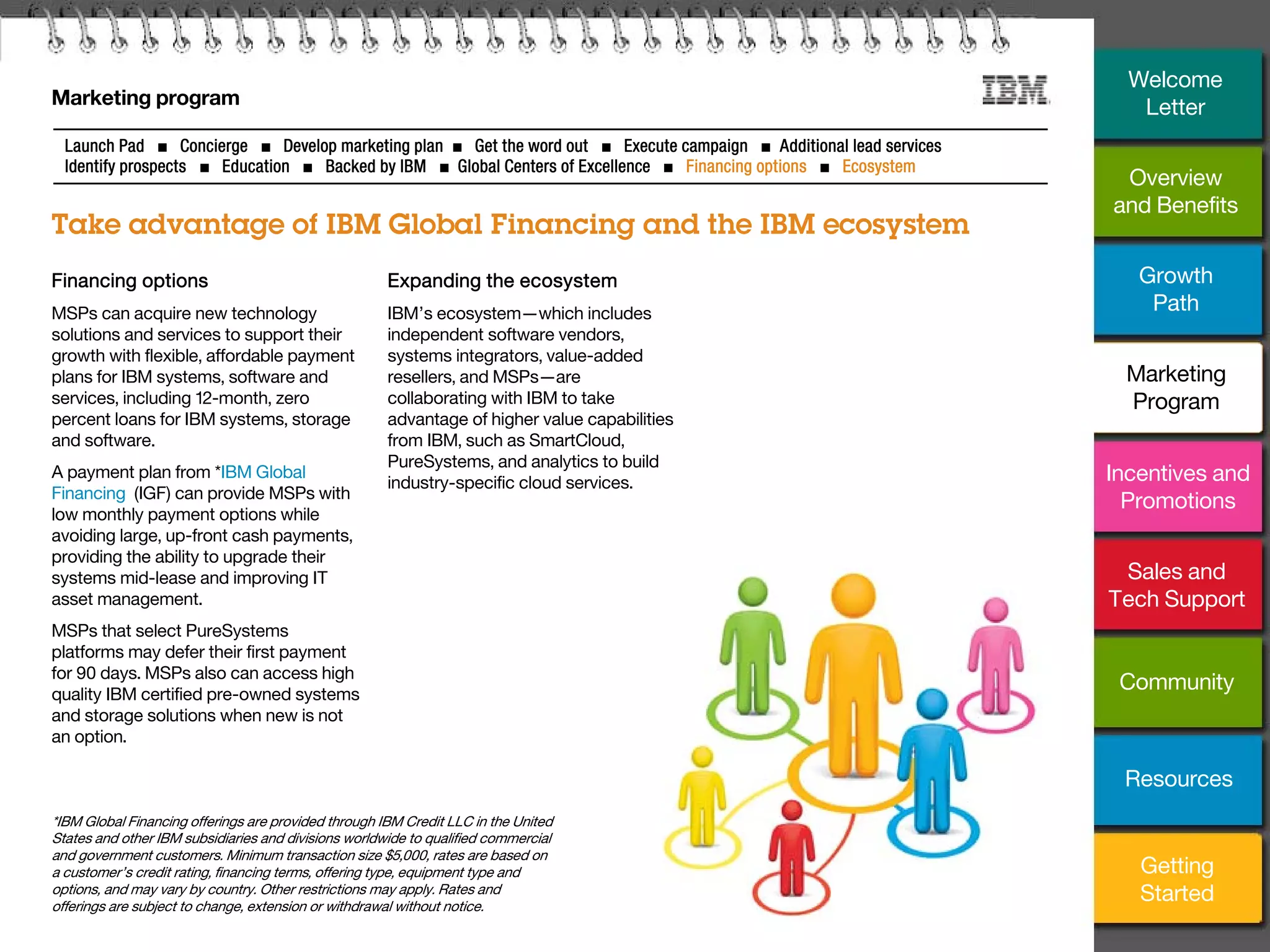 18
Marketing program
Take advantage of IBM Global Financing and the IBM ecosystem
Launch Pad ■ Concierge ■ Develop marketing plan ■ Get the word out ■ Execute campaign ■ Additional lead services
Identify prospects ■ Education ■ Backed by IBM ■ Global Centers of Excellence ■ Financing options ■ Ecosystem
Financing options
MSPs can acquire new technology
solutions and services to support their
growth with flexible, affordable payment
plans for IBM systems, software and
services, including 12-month, zero
percent loans for IBM systems, storage
and software.
A payment plan from *IBM Global
Financing (IGF) can provide MSPs with
low monthly payment options while
avoiding large, up-front cash payments,
providing the ability to upgrade their
systems mid-lease and improving IT
asset management.
MSPs that select PureSystems
platforms may defer their first payment
for 90 days. MSPs also can access high
quality IBM certified pre-owned systems
and storage solutions when new is not
an option.
Expanding the ecosystem
IBM’s ecosystem—which includes
independent software vendors,
systems integrators, value-added
resellers, and MSPs—are
collaborating with IBM to take
advantage of higher value capabilities
from IBM, such as SmartCloud,
PureSystems, and analytics to build
industry-specific cloud services.
*IBM Global Financing offerings are provided through IBM Credit LLC in the United
States and other IBM subsidiaries and divisions worldwide to qualified commercial
and government customers. Minimum transaction size $5,000, rates are based on
a customer’s credit rating, financing terms, offering type, equipment type and
options, and may vary by country. Other restrictions may apply. Rates and
offerings are subject to change, extension or withdrawal without notice.
Overview
and Benefits
Growth
Path
Incentives and
Promotions
Sales and
Tech Support
Community
Getting
Started
Resources
Welcome
Letter
Marketing
Program
 