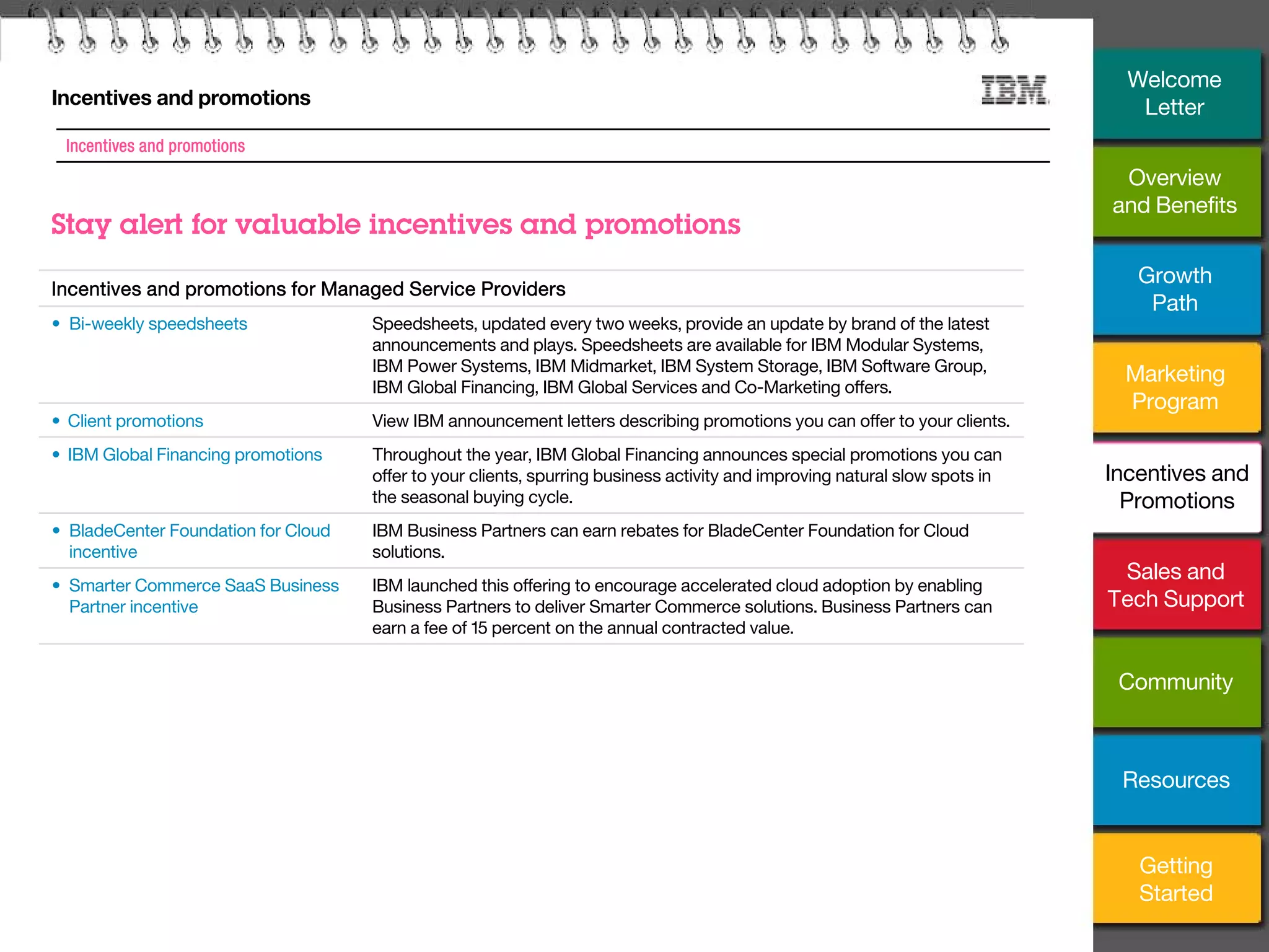 19
Incentives and promotions
Stay alert for valuable incentives and promotions
Incentives and promotions
Incentives and promotions for Managed Service Providers
• Bi-weekly speedsheets Speedsheets, updated every two weeks, provide an update by brand of the latest
announcements and plays. Speedsheets are available for IBM Modular Systems,
IBM Power Systems, IBM Midmarket, IBM System Storage, IBM Software Group,
IBM Global Financing, IBM Global Services and Co-Marketing offers.
• Client promotions View IBM announcement letters describing promotions you can offer to your clients.
• IBM Global Financing promotions Throughout the year, IBM Global Financing announces special promotions you can
offer to your clients, spurring business activity and improving natural slow spots in
the seasonal buying cycle.
• BladeCenter Foundation for Cloud
incentive
IBM Business Partners can earn rebates for BladeCenter Foundation for Cloud
solutions.
• Smarter Commerce SaaS Business
Partner incentive
IBM launched this offering to encourage accelerated cloud adoption by enabling
Business Partners to deliver Smarter Commerce solutions. Business Partners can
earn a fee of 15 percent on the annual contracted value.
Overview
and Benefits
Growth
Path
Marketing
Program
Incentives and
Promotions
Sales and
Tech Support
Community
Getting
Started
Resources
Welcome
Letter
 