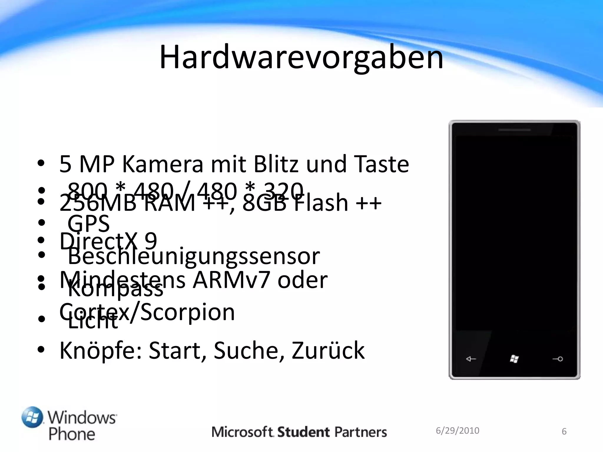 Hardwarevorgaben

• 5 MP Kamera mit Blitz und Taste
•
• 256MB480 / 480 8GB Flash ++
   800 * RAM ++, * 320
•  GPS
• DirectX 9
•  Beschleunigungssensor
•
• Mindestens ARMv7 oder
   Kompass
• Cortex/Scorpion
   Licht
• Knöpfe: Start, Suche, Zurück

                                    6/29/2010   6
 