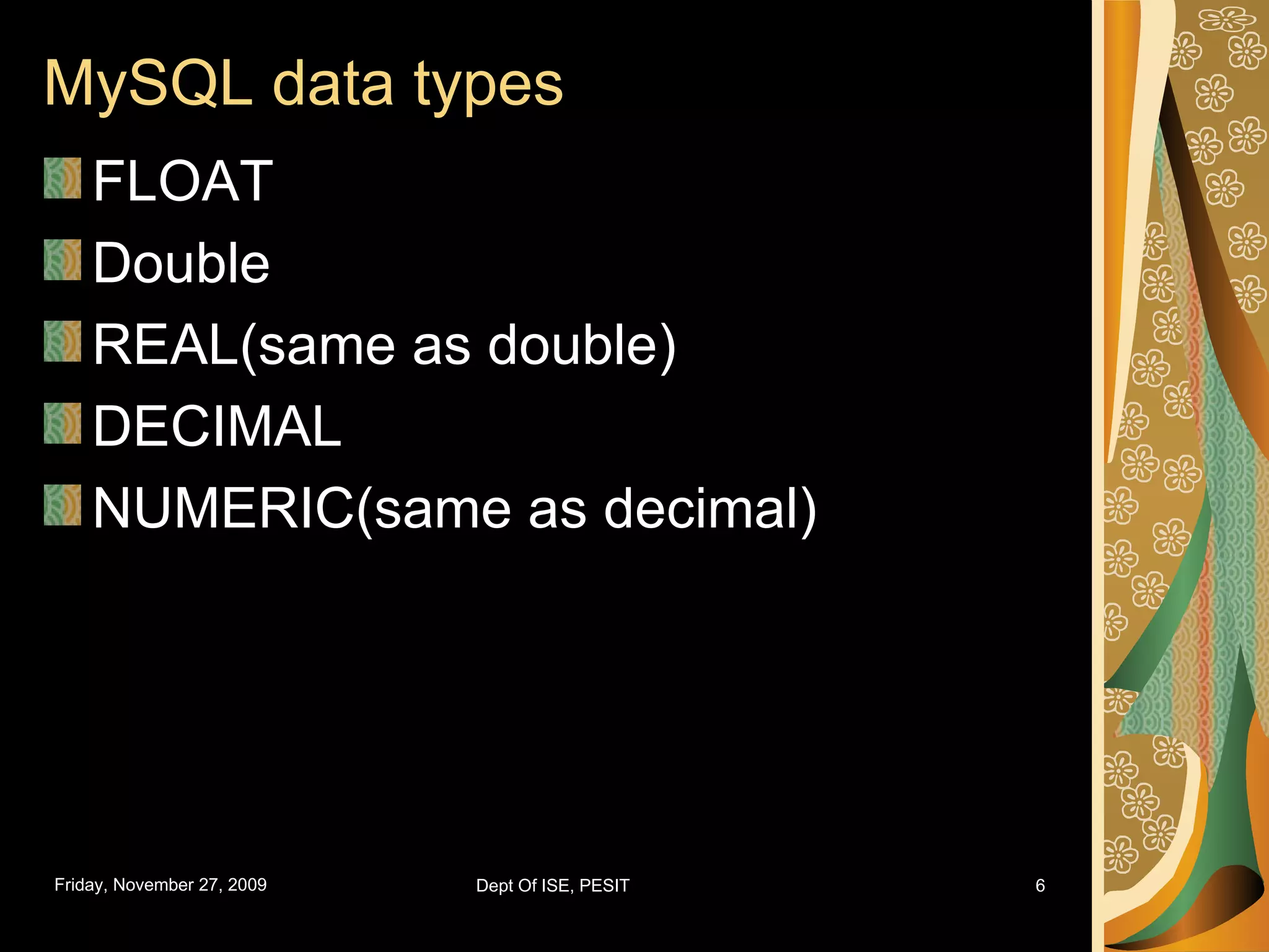 MySQL data types FLOAT Double REAL(same as double) DECIMAL NUMERIC(same as decimal) 