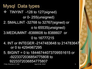 Mysql  Data types TINYINT  -128 to 127(signed)   or 0- 255(unsigned) 2. SMALLINT -32768 to 32767(signed) or o to 65535(unsigned) 3.MEDIUMINT -8388608 to 8388607  or 0 to 16777215 4. INT or INTEGER -2147483648 to 214783647  or 0 to 4294967295 5. BIGINT = 0 to 18446744073709551615 or -9223372036854775808 to 9223372036854775807 