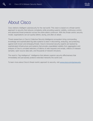 50 Cisco 2014 Midyear Security Report 
About Cisco 
Cisco delivers intelligent cybersecurity for the real world. This visi...