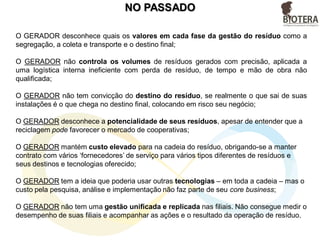 NO PASSADO
O GERADOR desconhece quais os valores em cada fase da gestão do resíduo como a
segregação, a coleta e transporte e o destino final;
O GERADOR não controla os volumes de resíduos gerados com precisão, aplicada a
uma logística interna ineficiente com perda de resíduo, de tempo e mão de obra não
qualificada;
O GERADOR não tem convicção do destino do resíduo, se realmente o que sai de suas
instalações é o que chega no destino final, colocando em risco seu negócio;
O GERADOR desconhece a potencialidade de seus resíduos, apesar de entender que a
reciclagem pode favorecer o mercado de cooperativas;
O GERADOR mantém custo elevado para na cadeia do resíduo, obrigando-se a manter
contrato com vários ‘fornecedores’ de serviço para vários tipos diferentes de resíduos e
seus destinos e tecnologias oferecido;
O GERADOR tem a ideia que poderia usar outras tecnologias – em toda a cadeia – mas o
custo pela pesquisa, análise e implementação não faz parte de seu core business;
O GERADOR não tem uma gestão unificada e replicada nas filiais. Não consegue medir o
desempenho de suas filiais e acompanhar as ações e o resultado da operação de resíduo.
 