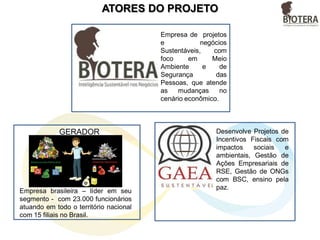 ATORES DO PROJETO
Desenvolve Projetos de
Incentivos Fiscais com
impactos sociais e
ambientais, Gestão de
Ações Empresariais de
RSE, Gestão de ONGs
com BSC, ensino pela
paz.
Empresa de projetos
e negócios
Sustentáveis, com
foco em Meio
Ambiente e de
Segurança das
Pessoas, que atende
as mudanças no
cenário econômico.
Empresa brasileira – líder em seu
segmento - com 23.000 funcionários
atuando em todo o território nacional
com 15 filiais no Brasil.
GERADOR
 