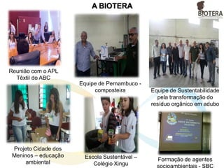 A BIOTERA
Reunião com o APL
Têxtil do ABC
Projeto Cidade dos
Meninos – educação
ambiental
Equipe de Pernambuco -
composteira
Formação de agentes
socioambientais - SBC
Escola Sustentável –
Colégio Xingu
Equipe de Sustentabilidade
pela transformação do
resíduo orgânico em adubo
 