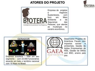 HOJE
A BIOTERA criou e implantou o PGRS – Programa de Gerenciamento de Resíduos Sólidos –
como exigência da Política Nacional de Resíduos Sólidos (Lei n°12.305/2010) em suas duas
unidades situadas no Estado de São Paulo.
No levantamento do MSR, surgiu a oportunidade de reestruturar a destinação dos uniformes
do GERADOR, que são devolvidos pelos funcionários periodicamente. Assim a BIOTERA
viabilizou a coleta e destinação dos mesmos, juntamente com cooperativas e associações de
diversos setores.
A BIOTERA apresentou algumas alternativas para que o GERADOR tomasse a decisão da
implementação de tecnologias que ajudam na gestão do resíduo. As alternativas sempre
acompanhadas de um fluxo de caixa com retorno do investimento.
A BIOTERA consolidou um plano de treinamento para as pessoas diretamente ligadas na
gestão de resíduos do GERADOR, melhorando o processo de coleta seletiva e
acondicionamento interno.
A BIOTERA integrou cooperativas e associações – na rede – para que o resíduo do
GERADOR tenha um único destino, facilitando a gestão do GERADOR e redução de custos
significativos.
Cada integrante da rede tem seu papel definido, seus líderes sabem o que e quando irão
receber, programação de trabalho e pessoas, qualidade, preço através do aplicativo MSR.
 