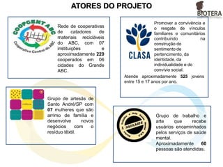 ATORES DO PROJETO
Desenvolve Projetos de
Incentivos Fiscais com
impactos sociais e
ambientais, Gestão de
Ações Empresariais de
RSE, Gestão de ONGs
com BSC, ensino pela
paz.
Empresa de projetos
e negócios
Sustentáveis, com
foco em Meio
Ambiente e de
Segurança das
Pessoas, que atende
as mudanças no
cenário econômico.
Empresa brasileira – líder em seu
segmento - com 23.000 funcionários
atuando em todo o território nacional
com 15 filiais no Brasil.
GERADOR
 