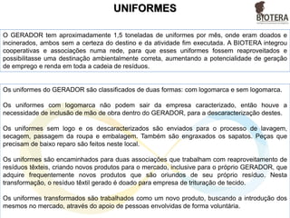 GERADOR
UNIDADE 1 - SP
COOPCENT
REDE DE
COOPERATIVAS
TRIAGEM/
ENFARDO
MATÉRIA PRIMA
Plástico, Papel,
Madeira, vidros e
outros recicláveis
TRANSFORMAÇÃO
COMERCIALIZAÇÃO
Geração de
emprego e
renda
Fluxo- RESÍDUOS SÓLIDOS
GERADOR
UNIDADE 2 - SP
Outras
cooperativas de
transformação
Compartilhamento
de resíduo
 