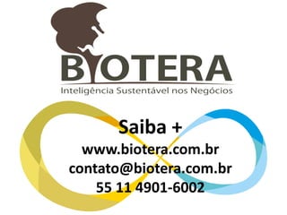 • Renda per capta do projeto para cada cidadão envolvido:
• R$ 4.134,00 pra COOPCENT R$ 689,00
• R$ 3.310,00 pra NUTRARTE R$ 1.103,00
• Quantidade de resíduos sólidos reciclados:
• Toneladas: 5.6 a R$ 0,43 o quilo = R$ 2.422,00
• Quantidade de uniformes que deixaram de ser incinerados e são
comercializados de forma direta:
• Toneladas: 1.3(ou 500 peças) a R$ 50,00 a peça = R$ 25.000,00
• Mitigação dos gases de efeito estufa:
• Toneladas de CO2eq: em desenvolvimento
NÚMEROS
CONSULTE- NOS
www.biotera.com.br
contato@biotera.com.br
CONSULTE- NOS
www.biotera.com.br
contato@biotera.com.br
CONSULTE- NOS
www.biotera.com.br
contato@biotera.com.br
CONSULTE- NOS
www.biotera.com.br
contato@biotera.com.br
 