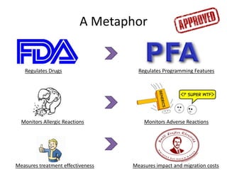 A MetaphorRegulates DrugsRegulates Programming FeaturesMonitors Adverse ReactionsMonitors Allergic ReactionsMeasures treatment effectivenessMeasures impact and migration costs