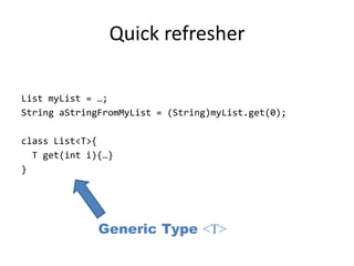 Quick refresherList myList = …;String aStringFromMyList = (String)myList.get(0);class List<T>{  T get(int i){…}}Generic Type <T>