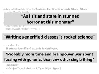 public interface Identifiable<T extends Identifier<? extends What>, What> {    public TgetObjectID();    public Class<? super What> type();}public interface Identifier<T> {    public long getID();    public Class<? super T> type();}interface X <SubjectType extends Identifiable, RelationshipType extendsEnum<RelationshipType> & Related, ObjectType extends Identifiable>{} static class A<    SI extends Identifier<? extends SubjectType>,    OI extends Identifier<? extends ObjectType>,SubjectType extends Identifiable<SI, SubjectType>,RelationshipType extends Enum<RelationshipType> & Related,ObjectType extends Identifiable<? extends OI, ? extends ObjectType>>    implements    X<SubjectType, RelationshipType, ObjectType> {}“As I sit and stare in stunned horror at this monster”"Writing generified classes is rocket science"“Probably more time and brainpower was spent fussing with generics than any other single thing” 