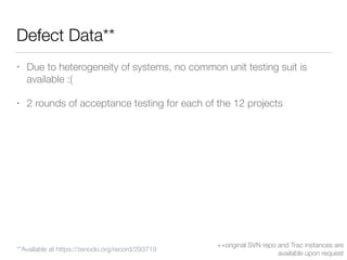 Defect Data**
• Due to heterogeneity of systems, no common unit testing suit is
available :(
• 2 rounds of acceptance testing for each of the 12 projects
++original SVN repo and Trac instances are
available upon request
**Available at https://zenodo.org/record/293719
 