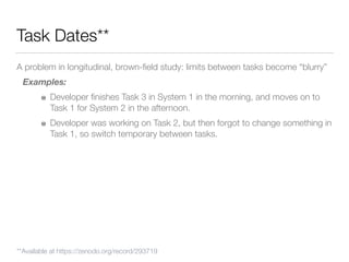 Task Dates**
A problem in longitudinal, brown-ﬁeld study: limits between tasks become “blurry”
Examples:
Developer ﬁnishes Task 3 in System 1 in the morning, and moves on to
Task 1 for System 2 in the afternoon.
Developer was working on Task 2, but then forgot to change something in
Task 1, so switch temporary between tasks.
**Available at https://zenodo.org/record/293719
 