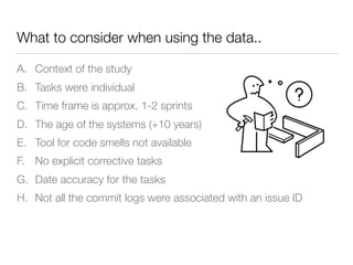 What to consider when using the data..
A. Context of the study
B. Tasks were individual
C. Time frame is approx. 1-2 sprints
D. The age of the systems (+10 years)
E. Tool for code smells not available
F. No explicit corrective tasks
G. Date accuracy for the tasks
H. Not all the commit logs were associated with an issue ID
 