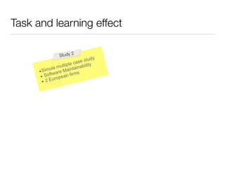 Task and learning effect
•Simula multiple case study
• Software Maintainability
• 2 European firms
Study 2
 