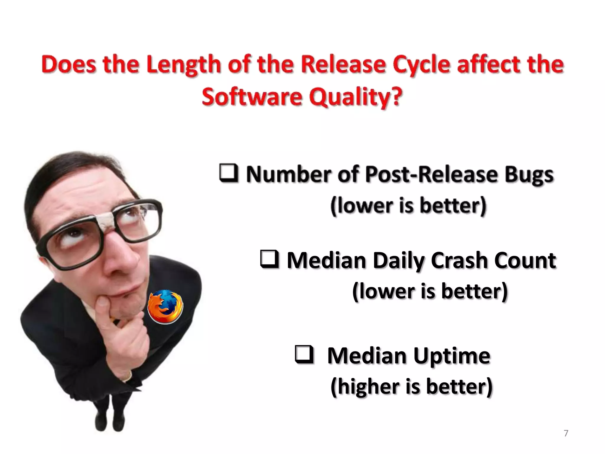  Median Daily Crash Count
        (lower is better)

    Median Uptime
      (higher is better)
                             7
 