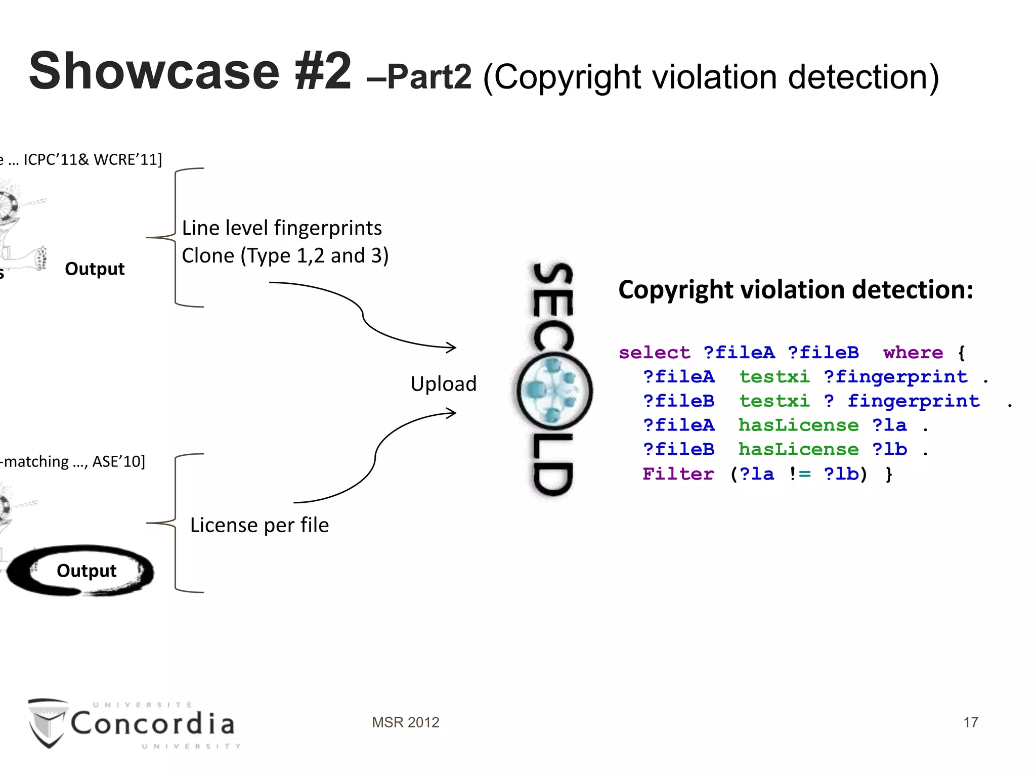 Showcase #2 –Part2 (Copyright violation detection)
e … ICPC’11& WCRE’11]



                        Line level fingerprints
                        Clone (Type 1,2 and 3)
s        Output
                                                           Copyright violation detection:

                                                           select ?fileA ?fileB where {
                                                  Upload     ?fileA testxi ?fingerprint .
                                                             ?fileB testxi ? fingerprint .
                                                             ?fileA hasLicense ?la .
                                                             ?fileB hasLicense ?lb .
-matching …, ASE’10]
                                                             Filter (?la != ?lb) }

                        License per file
       Output




                                             MSR 2012                                   17
 