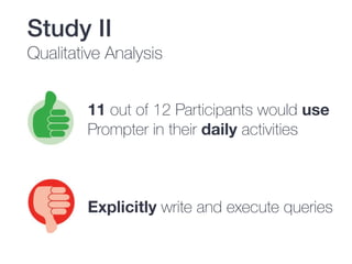 Study II
Qualitative Analysis
11 out of 12 Participants would use
Prompter in their daily activities
Explicitly write and execute queries
 