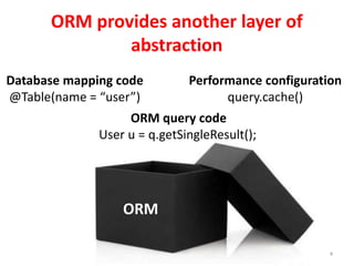 ORM provides another layer of
abstraction
4
ORM
Database mapping code
@Table(name = “user”)
Performance configuration
query.cache()
ORM query code
User u = q.getSingleResult();
 