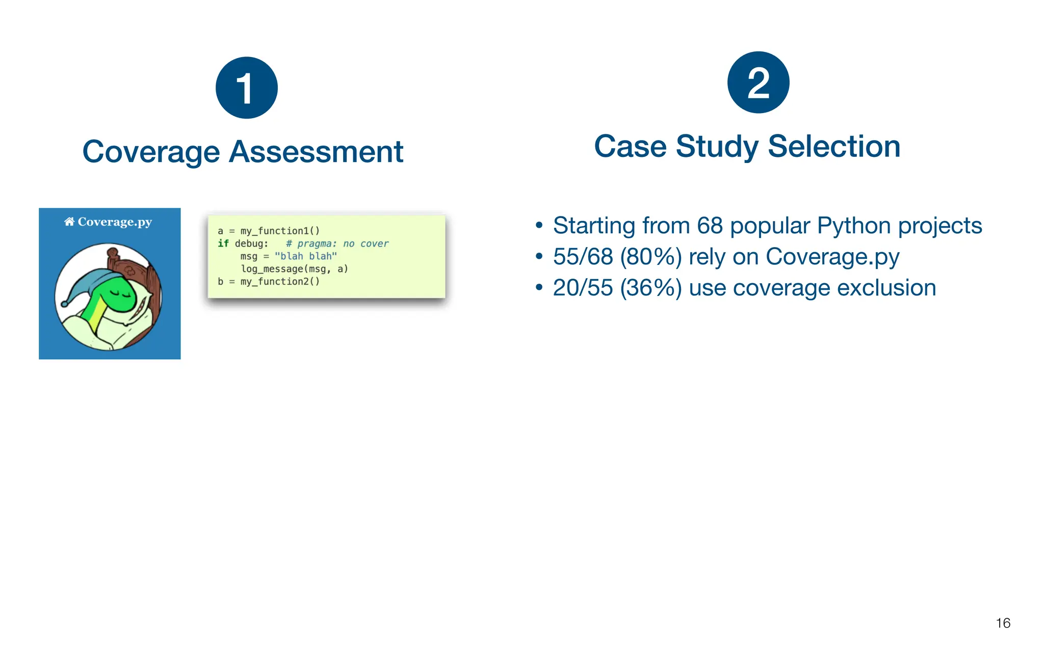 Coverage Assessment
16
1
Case Study Selection
2
• Starting from 68 popular Python projects
• 55/68 (80%) rely on Coverage.py
• 20/55 (36%) use coverage exclusion
 
