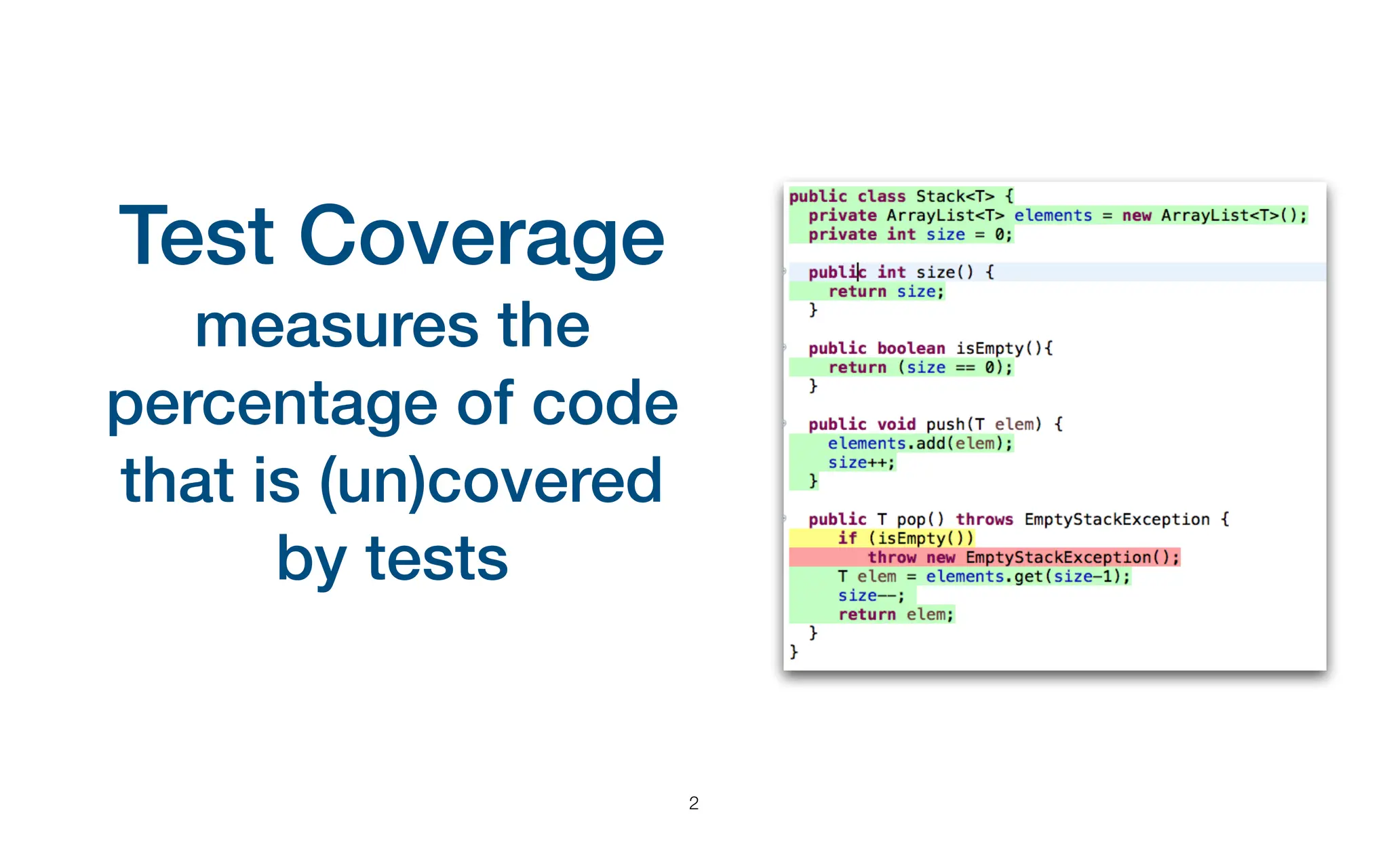Test Coverage
measures the
percentage of code
that is (un)covered
by tests
2
 