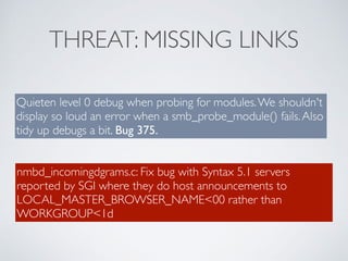 THREAT: MISSING LINKS
nmbd_incomingdgrams.c: Fix bug with Syntax 5.1 servers
reported by SGI where they do host announceme...