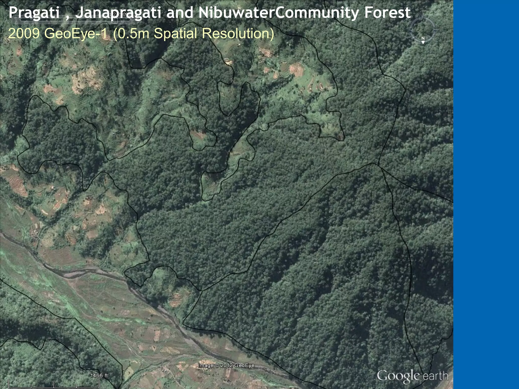 Pragati , Janapragati and NibuwaterCommunity Forest
2002GeoEye-1 (0.5m Spatial Resolution)
2009 GeoEye-1 (0.5m Spatial Resolution)
 