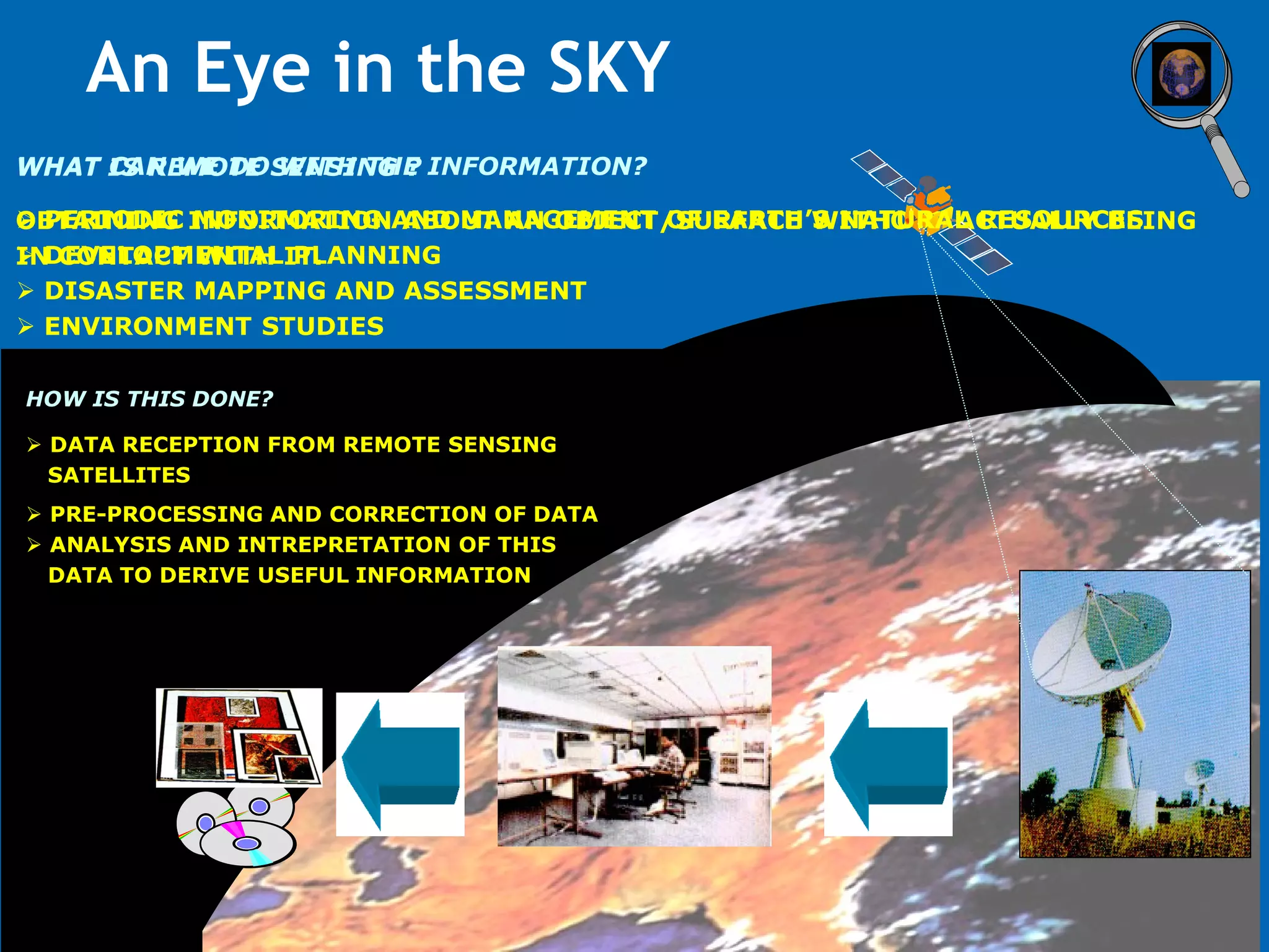 An Eye in the SKY
WHAT IS REMOTE SENSING ? INFORMATION?
     CAN WE DO WITH THE

OBTAINING INFORMATIONAND MANAGEMENT OF EARTH’S NATURAL RESOURCES
 PERIODIC MONITORING ABOUT AN OBJECT/SURFACE WITHOUT ACTUALLY BEING
 DEVELOPMENTAL PLANNING
IN CONTACT WITH IT.
 DISASTER MAPPING AND ASSESSMENT
 ENVIRONMENT STUDIES

HOW IS THIS DONE?

 DATA RECEPTION FROM REMOTE SENSING
  SATELLITES
 PRE-PROCESSING AND CORRECTION OF DATA
 ANALYSIS AND INTREPRETATION OF THIS
  DATA TO DERIVE USEFUL INFORMATION
 