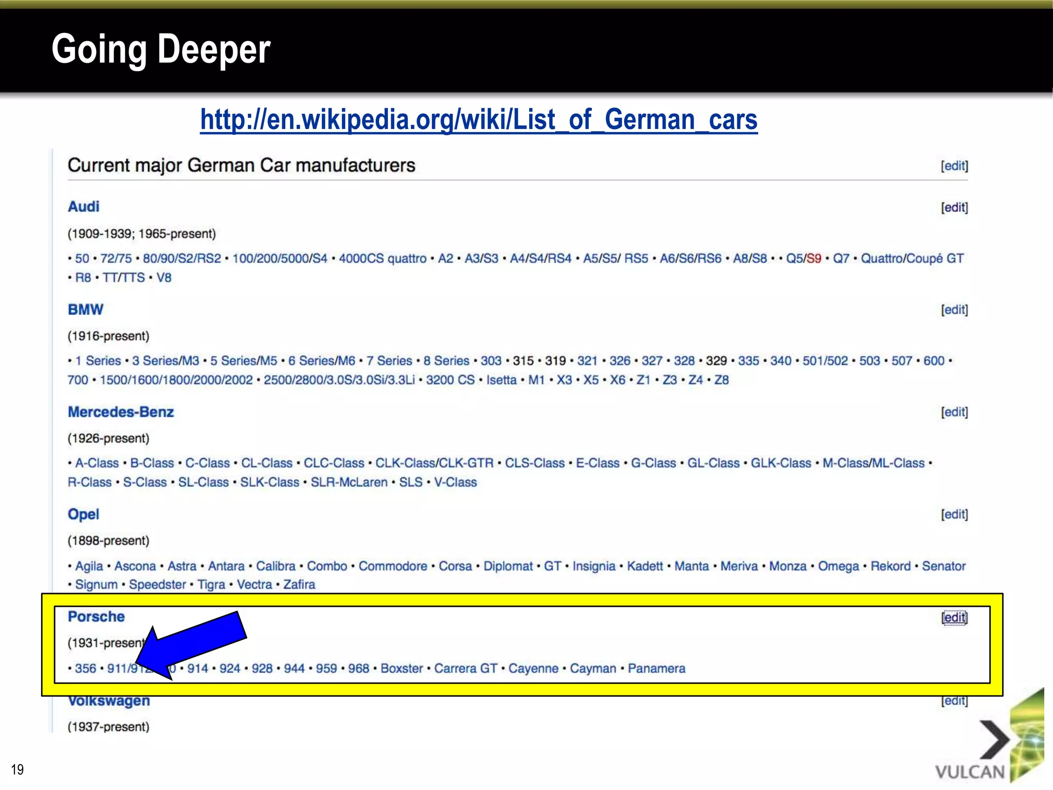 Going Deeper
             http://en.wikipedia.org/wiki/List_of_German_cars




19
 
