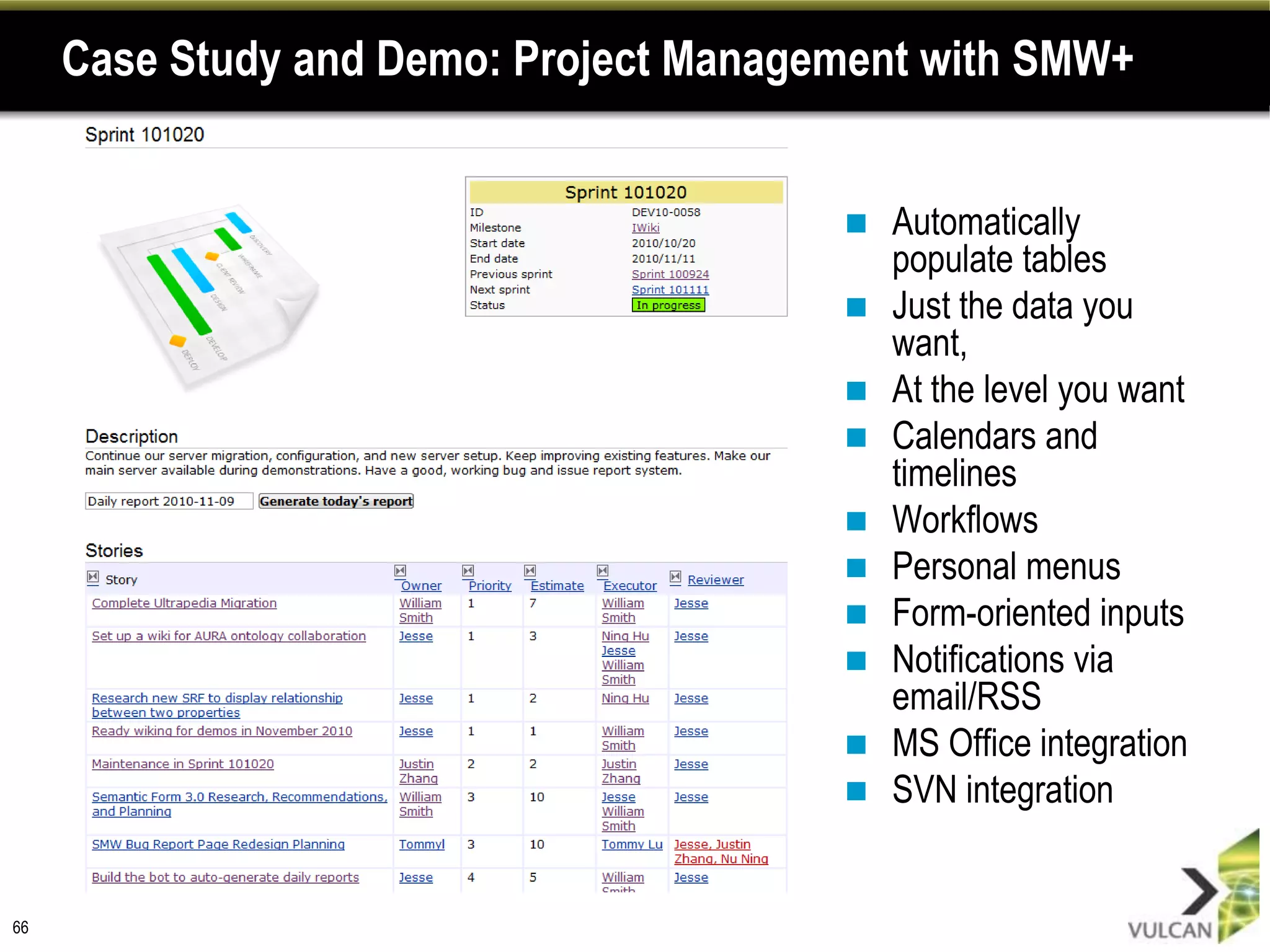 Case Study and Demo: Project Management with SMW+


                                           Automatically
                                            populate tables
                                           Just the data you
                                            want,
                                           At the level you want
                                           Calendars and
                                            timelines
                                           Workflows
                                           Personal menus
                                           Form-oriented inputs
                                           Notifications via
                                            email/RSS
                                           MS Office integration
                                           SVN integration


66
 