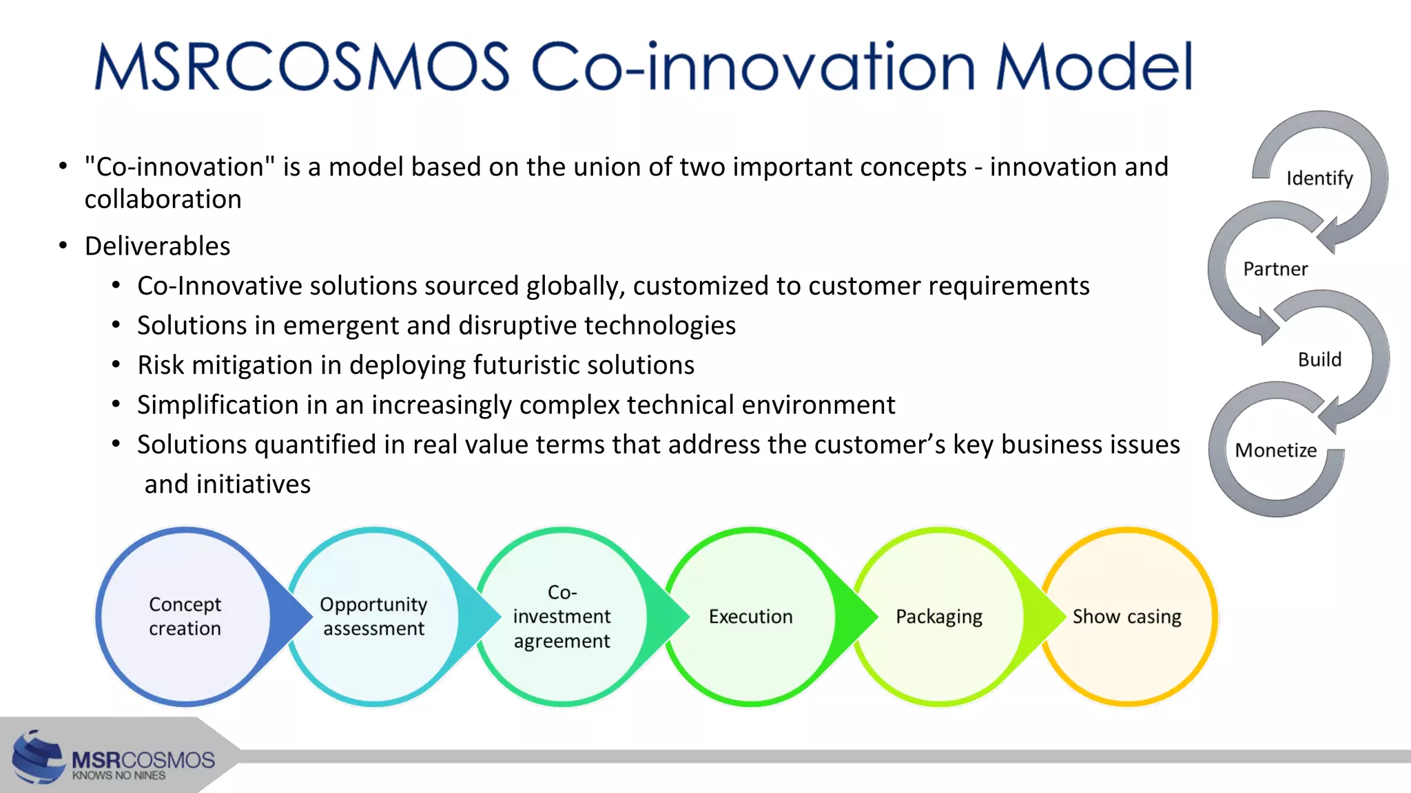 • "Co-innovation" is a model based on the union of two important concepts - innovation and
collaboration
• Deliverables
• Co-Innovative solutions sourced globally, customized to customer requirements
• Solutions in emergent and disruptive technologies
• Risk mitigation in deploying futuristic solutions
• Simplification in an increasingly complex technical environment
• Solutions quantified in real value terms that address the customer’s key business issues
and initiatives
 