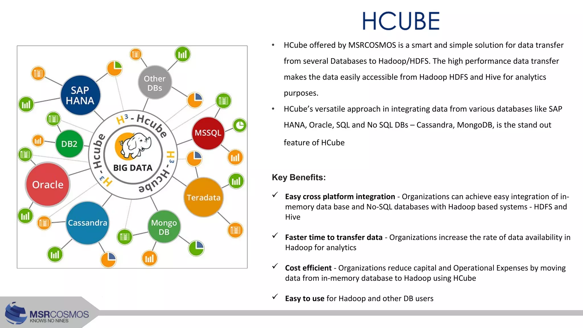 • HCube offered by MSRCOSMOS is a smart and simple solution for data transfer
from several Databases to Hadoop/HDFS. The high performance data transfer
makes the data easily accessible from Hadoop HDFS and Hive for analytics
purposes.
• HCube’s versatile approach in integrating data from various databases like SAP
HANA, Oracle, SQL and No SQL DBs – Cassandra, MongoDB, is the stand out
feature of HCube
 Easy cross platform integration - Organizations can achieve easy integration of in-
memory data base and No-SQL databases with Hadoop based systems - HDFS and
Hive
 Faster time to transfer data - Organizations increase the rate of data availability in
Hadoop for analytics
 Cost efficient - Organizations reduce capital and Operational Expenses by moving
data from in-memory database to Hadoop using HCube
 Easy to use for Hadoop and other DB users
Key Benefits:
 