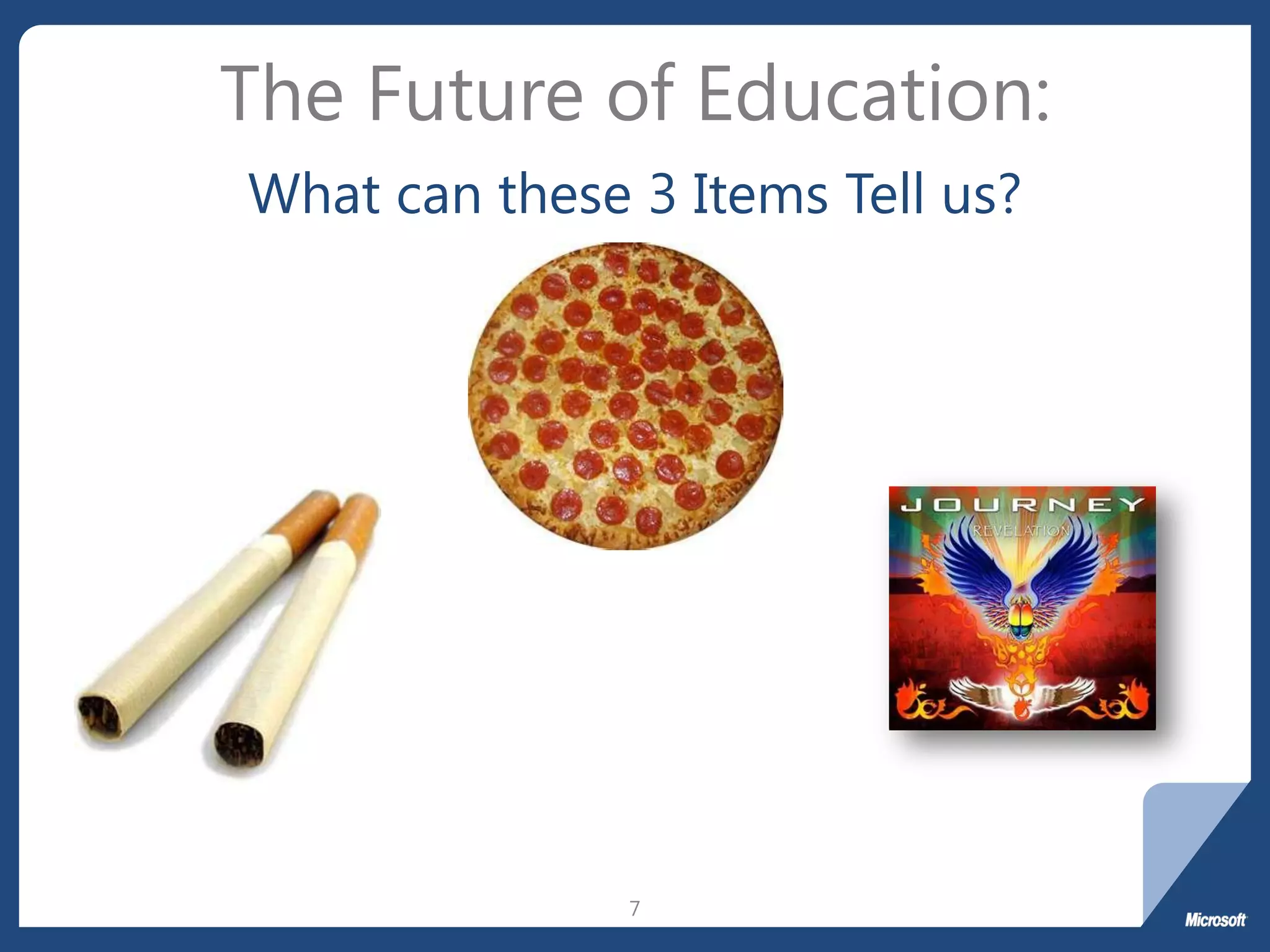 The Future of Education:
What can these 3 Items Tell us?




               7
 