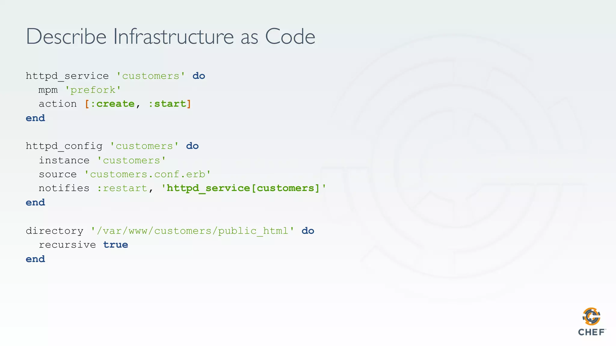 Describe Infrastructure as Code
httpd_service 'customers' do
mpm 'prefork'
action [:create, :start]
end
httpd_config 'customers' do
instance 'customers'
source 'customers.conf.erb'
notifies :restart, 'httpd_service[customers]'
end
directory '/var/www/customers/public_html' do
recursive true
end
 
