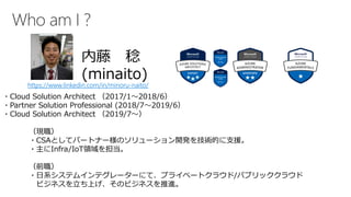 Who am I ?
内藤 稔
(minaito)
・Cloud Solution Architect （2017/1～2018/6）
・Partner Solution Professional (2018/7～2019/6）
・Cloud Solution Architect （2019/7～）
（現職）
・CSAとしてパートナー様のソリューション開発を技術的に支援。
・主にInfra/IoT領域を担当。
（前職）
・日系システムインテグレーターにて、プライベートクラウド/パブリッククラウド
ビジネスを立ち上げ、そのビジネスを推進。
https://www.linkedin.com/in/minoru-naito/
 